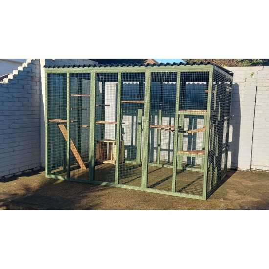 Waterproof Four-Sided Catio cat enclosure painted green.  182CM (6FT) X 274CM (9FT)